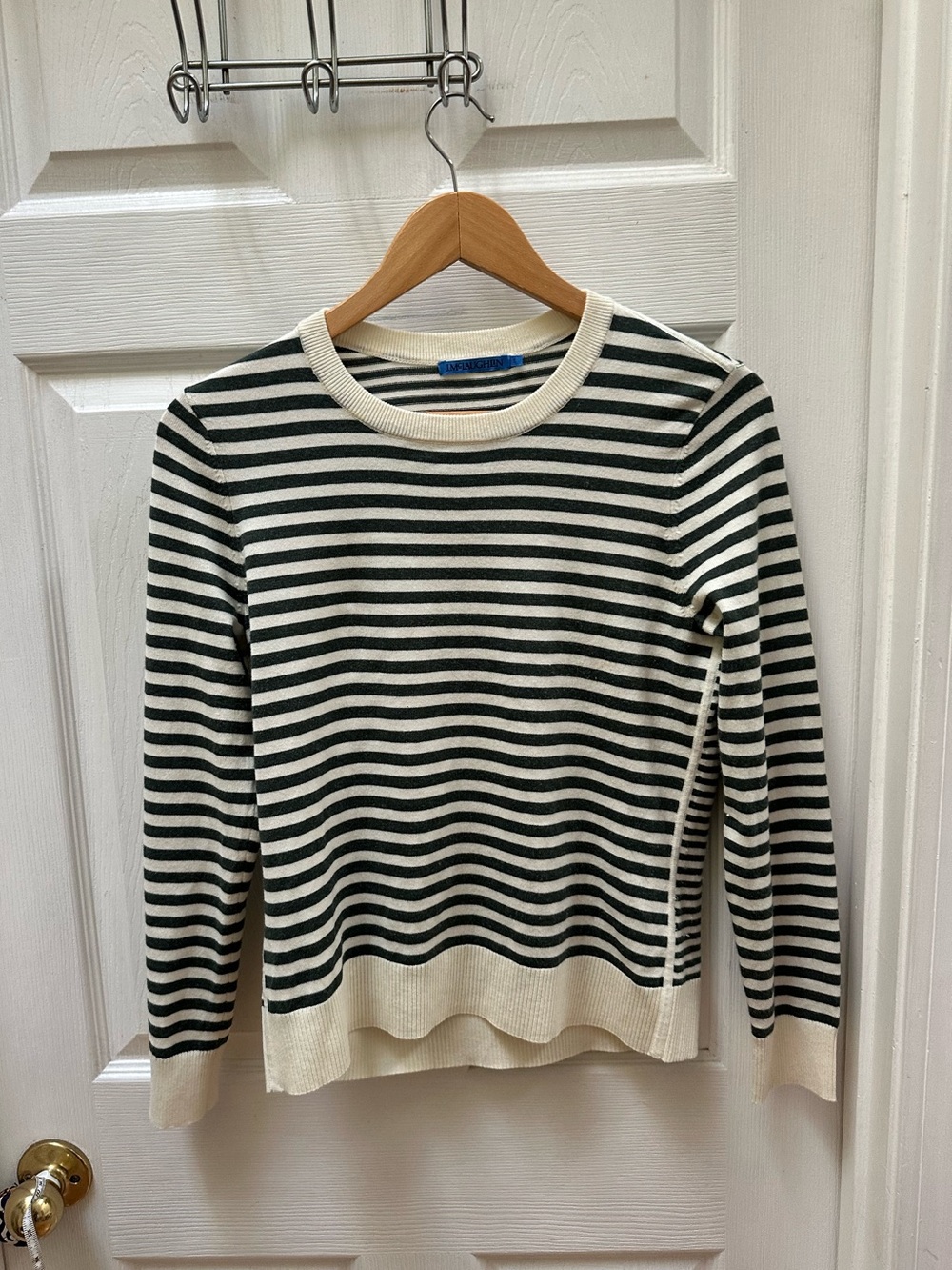J McLaughlin Striped Crewneck Sweater green Cream Women's s small